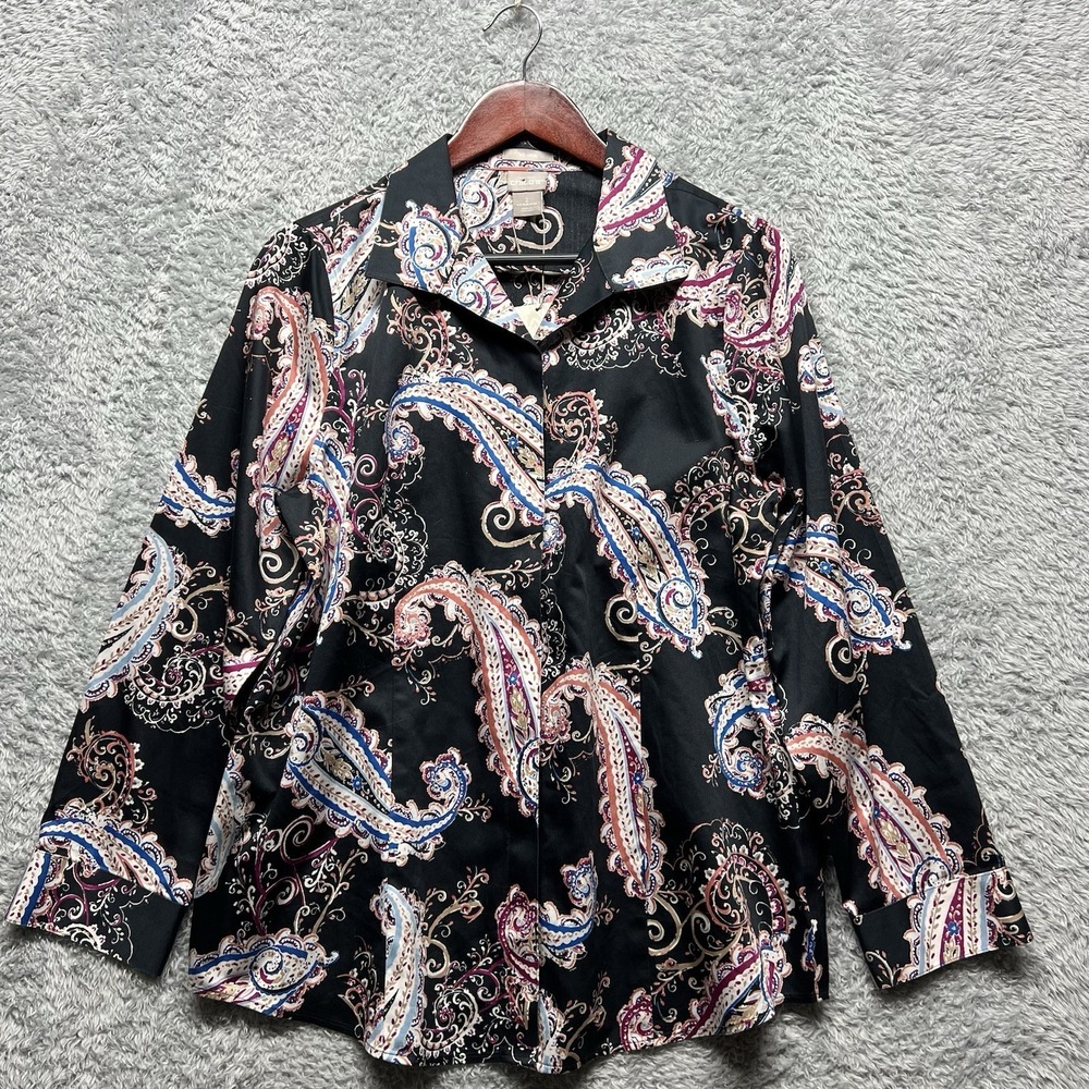 Chicos Top Womens 2 US 12/14 Black Sateen Paisley Button Up No Iron Shirt‎